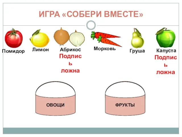 ИГРА «СОБЕРИ ВМЕСТЕ» ОВОЩИ ФРУКТЫ Подпись ложна Подпись ложна