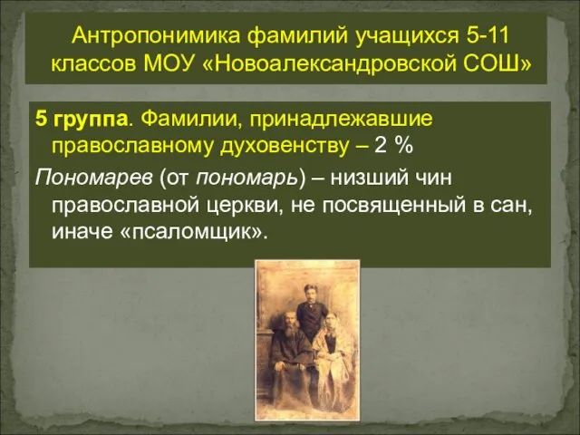 5 группа. Фамилии, принадлежавшие православному духовенству – 2 % Пономарев (от пономарь)