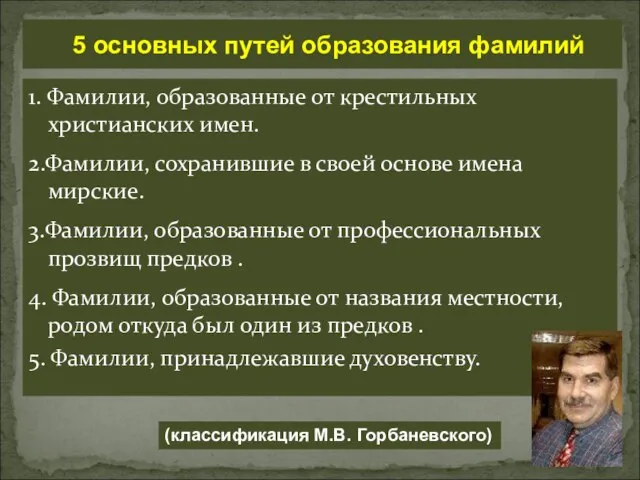 5 основных путей образования фамилий 1. Фамилии, образованные от крестильных христианских имен.