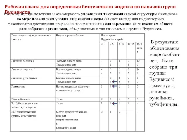 Рабочая шкала для определения биотического индекса по наличию групп Вудивисса В основу