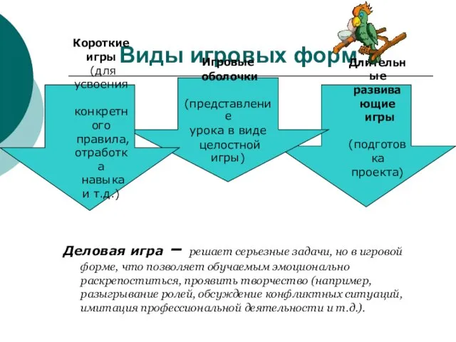 Виды игровых форм: Деловая игра – решает серьезные задачи, но в игровой