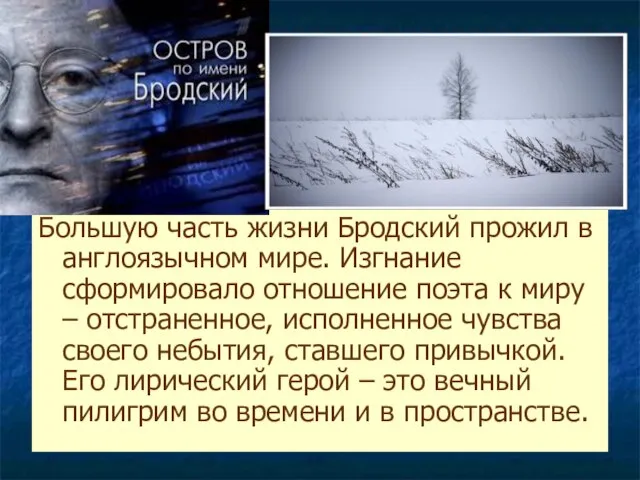 Большую часть жизни Бродский прожил в англоязычном мире. Изгнание сформировало отношение поэта