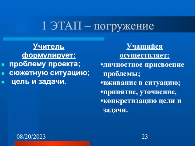 08/20/2023 1 ЭТАП – погружение Учитель формулирует: проблему проекта; сюжетную ситуацию; цель