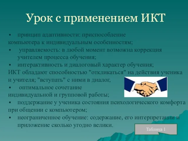 Урок с применением ИКТ принцип адаптивности: приспособление компьютера к индивидуальным особенностям; управляемость: