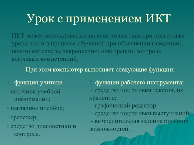 Урок с применением ИКТ 1. функции учителя - источник учебной информации; -