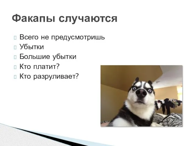 Всего не предусмотришь Убытки Большие убытки Кто платит? Кто разруливает? Факапы случаются