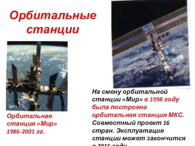 Орбитальные станции На смену орбитальной станции «Мир» в 1998 году была построена