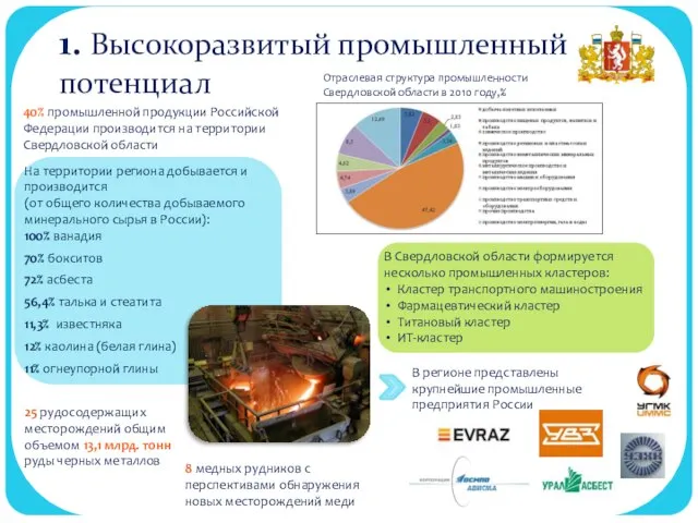 1. Высокоразвитый промышленный потенциал 25 рудосодержащих месторождений общим объемом 13,1 млрд. тонн