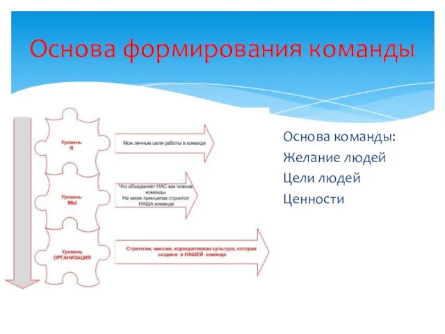 Основа формирования команды Основа команды: Желание людей Цели людей Ценности