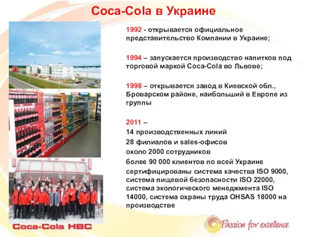 Coca-Cola в Украине 1992 - открывается официальное представительство Компании в Украине; 1994
