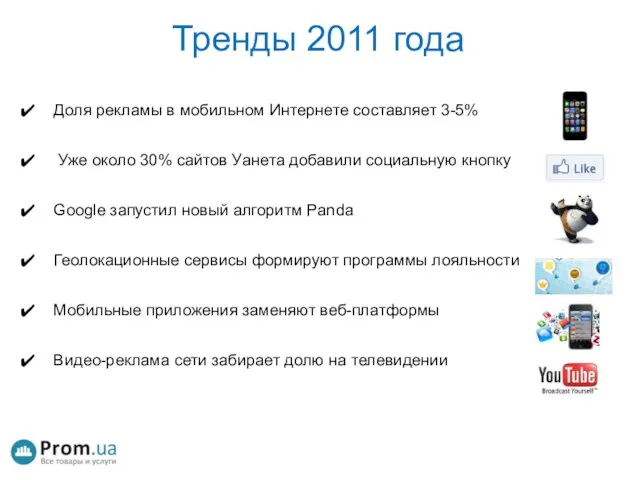 Тренды 2011 года Доля рекламы в мобильном Интернете составляет 3-5% Уже около