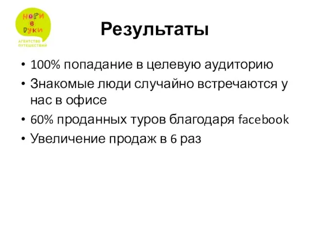 Результаты 100% попадание в целевую аудиторию Знакомые люди случайно встречаются у нас