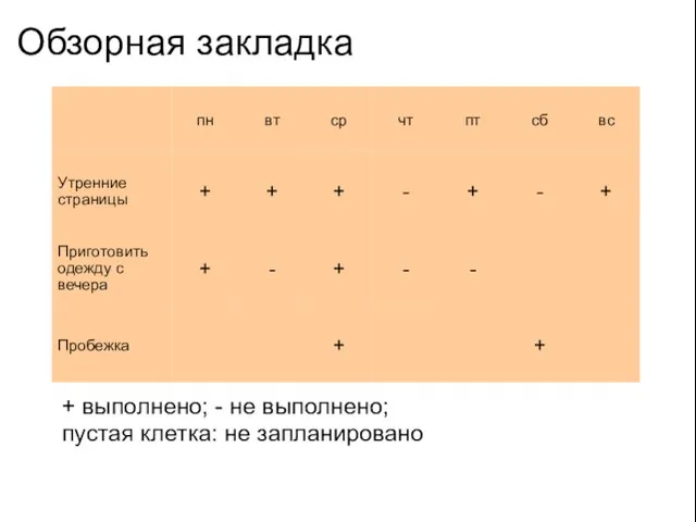 Обзорная закладка + выполнено; - не выполнено; пустая клетка: не запланировано