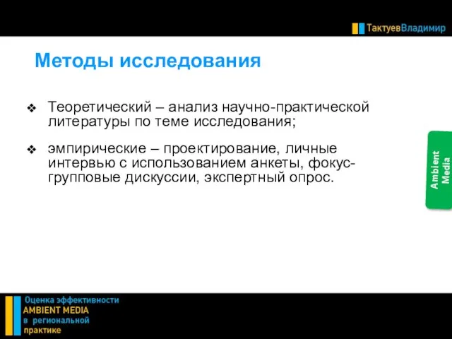 Теоретический – анализ научно-практической литературы по теме исследования; эмпирические – проектирование, личные