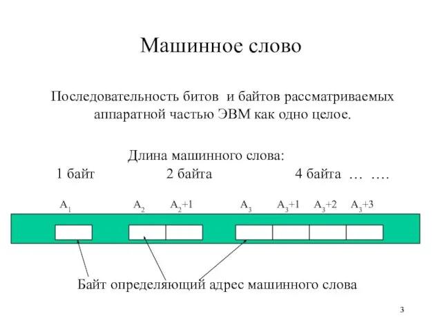 Машинное слово Последовательность битов и байтов рассматриваемых аппаратной частью ЭВМ как одно