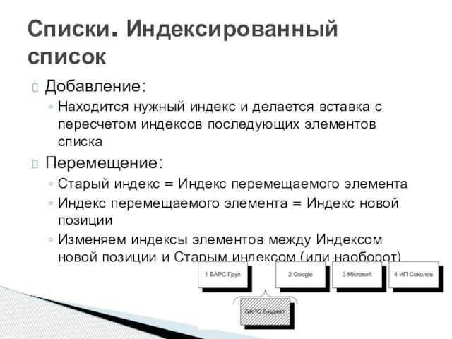 Добавление: Находится нужный индекс и делается вставка с пересчетом индексов последующих элементов