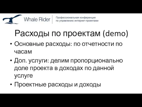 Расходы по проектам (demo) Основные расходы: по отчетности по часам Доп. услуги: