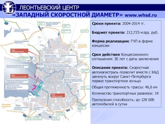 «ЗАПАДНЫЙ СКОРОСТНОЙ ДИАМЕТР» www.whsd.ru Сроки проекта: 2004-2014 гг. Бюджет проекта: 212,725 млрд.