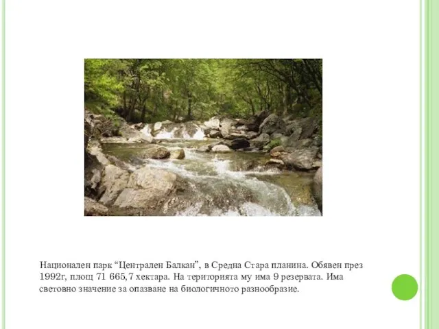 Национален парк “Централен Балкан”, в Средна Стара планина. Обявен през 1992г, площ