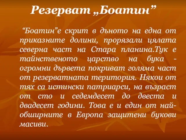 Резерват „Боатин” “Боатин”е скрит в дъното на една от приказните долини, прорязали