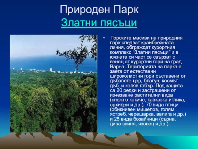 Природен Парк Златни пясъци Горските масиви на природния парк следват крайбрежната линия,