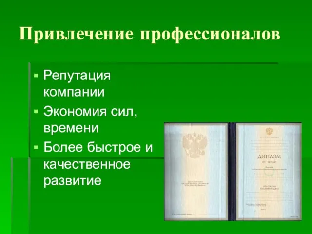 Привлечение профессионалов Репутация компании Экономия сил, времени Более быстрое и качественное развитие