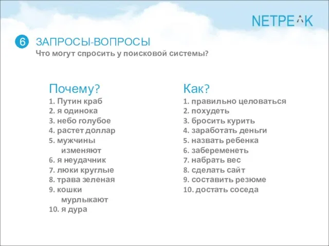 ЗАПРОСЫ-ВОПРОСЫ Что могут спросить у поисковой системы? 6 Почему? 1. Путин краб