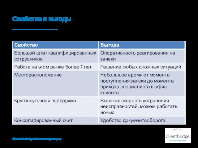 Свойства и выгоды ©2010 Clientbridge Sales Outsourcing Company