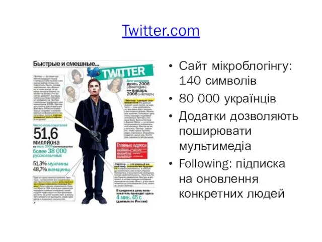 Twitter.com Сайт мікроблогінгу: 140 символів 80 000 українців Додатки дозволяють поширювати мультимедіа