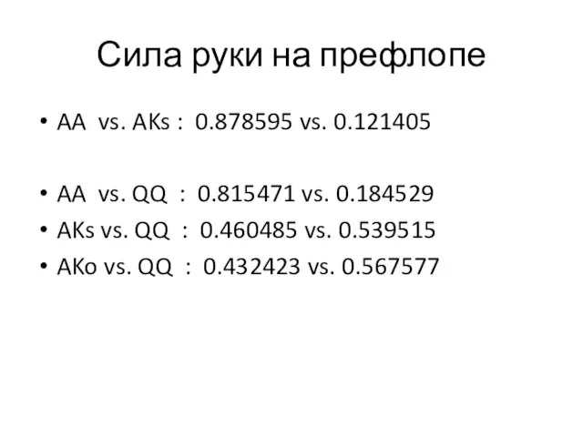 Сила руки на префлопе AA vs. AKs : 0.878595 vs. 0.121405 AA