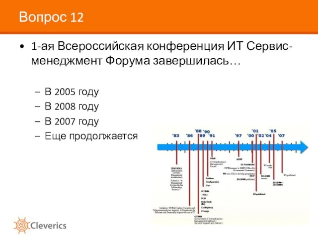 Вопрос 12 1-ая Всероссийская конференция ИТ Сервис-менеджмент Форума завершилась… В 2005 году