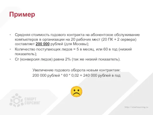 Пример Средняя стоимость годового контракта на абонентское обслуживание компьютеров в организации на