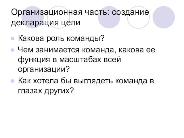 Организационная часть: создание декларация цели Какова роль команды? Чем занимается команда, какова