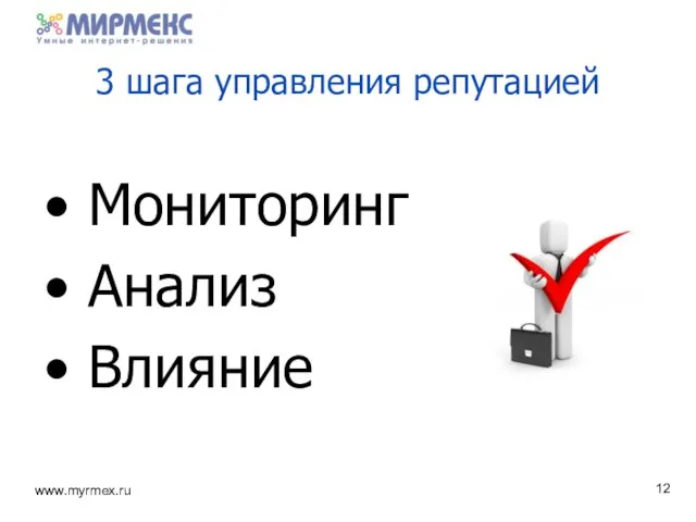 3 шага управления репутацией Мониторинг Анализ Влияние