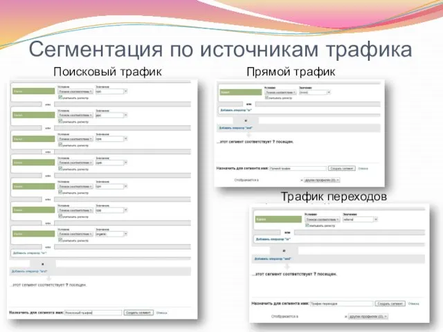 Сегментация по источникам трафика Прямой трафик Поисковый трафик Трафик переходов