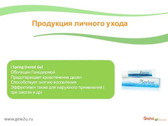 www.gew2u.ru Продукция личного ухода i Spring Dental Gel Обогащен Ганодермой Предотвращает кровотечение