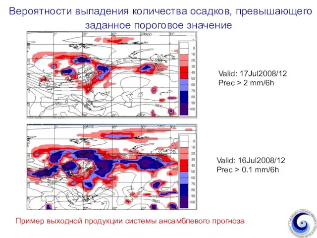 Вероятности выпадения количества осадков, превышающего заданное пороговое значение Пример выходной продукции системы