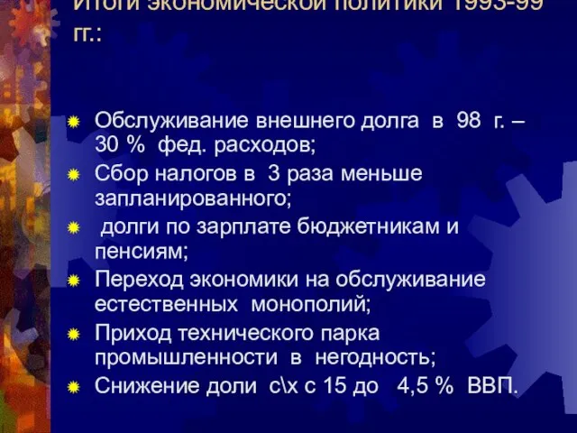 Итоги экономической политики 1993-99 гг.: Обслуживание внешнего долга в 98 г. –