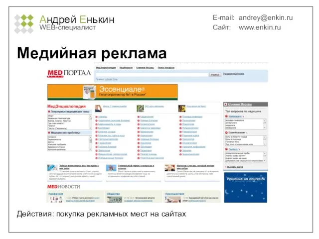 Андрей Енькин WEB-специалист E-mail: andrey@enkin.ru Сайт: www.enkin.ru Медийная реклама Действия: покупка рекламных мест на сайтах