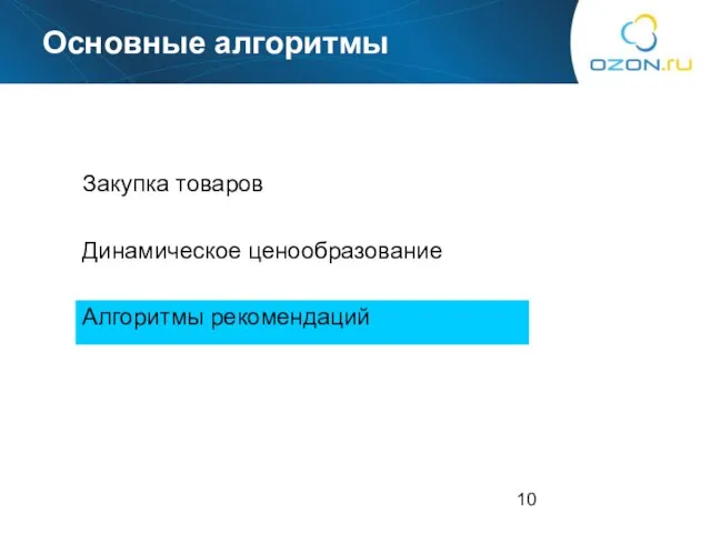 Основные алгоритмы Закупка товаров Динамическое ценообразование Алгоритмы рекомендаций