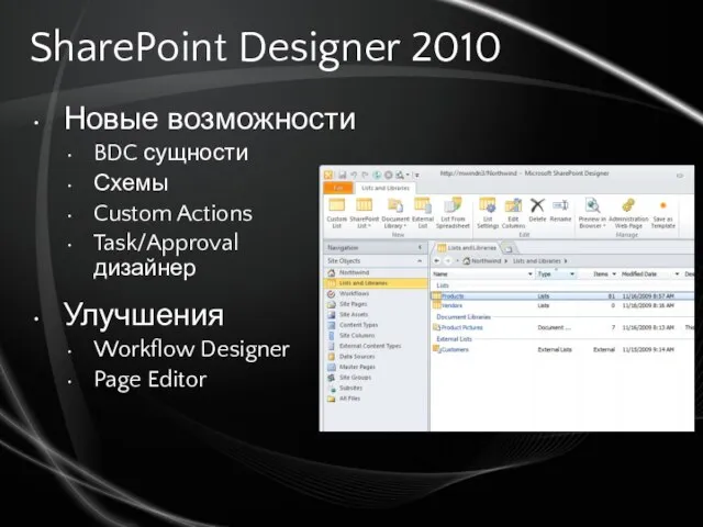 SharePoint Designer 2010 Новые возможности BDC сущности Схемы Custom Actions Task/Approval дизайнер