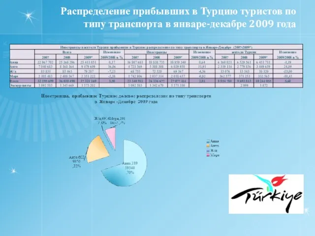 Распределение прибывших в Турцию туристов по типу транспорта в январе-декабре 2009 года