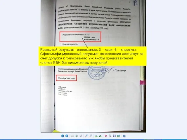 Реальный результат голосования: 3 – «за», 6 – «против», Сфальсифицированный результат голосования