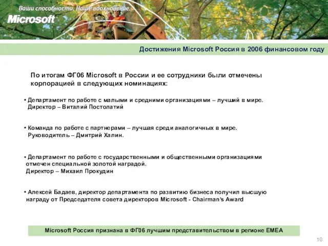 Достижения Microsoft Россия в 2006 финансовом году По итогам ФГ06 Microsoft в
