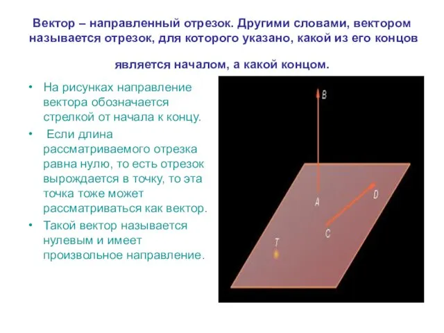 Вектор – направленный отрезок. Другими словами, вектором называется отрезок, для которого указано,