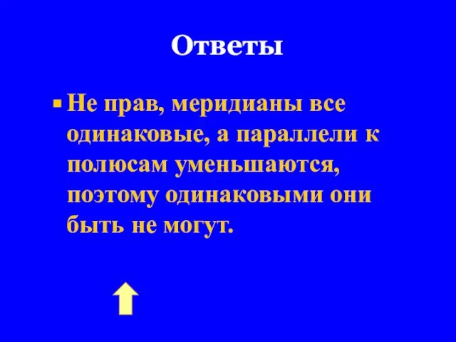 Ответы Не прав, меридианы все одинаковые, а параллели к полюсам уменьшаются, поэтому