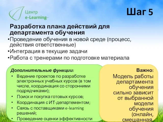 Шаг 5 Разработка плана действий для департамента обучения Проведение обучения в новой