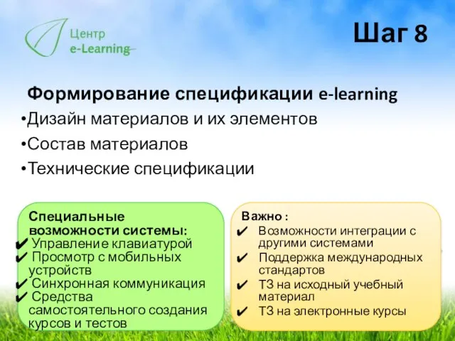 Шаг 8 Формирование спецификации e-learning Дизайн материалов и их элементов Состав материалов