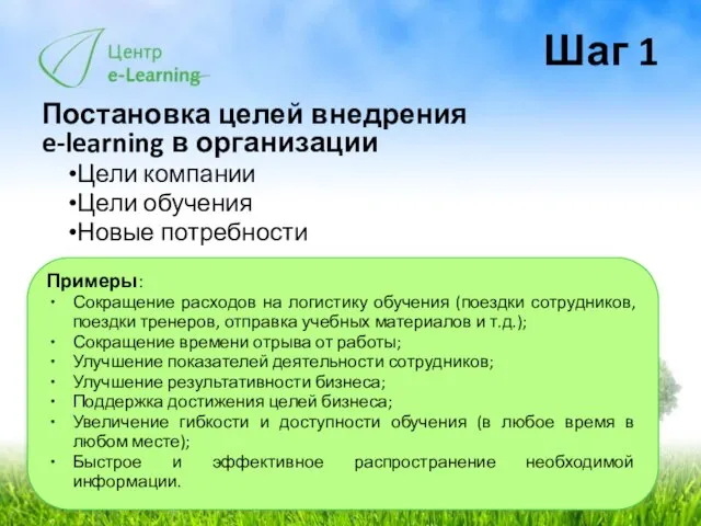 Шаг 1 Постановка целей внедрения e-learning в организации Цели компании Цели обучения