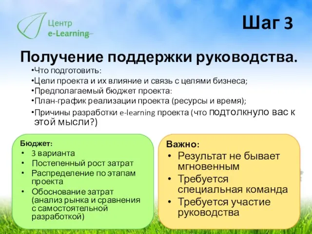 Шаг 3 Получение поддержки руководства. Что подготовить: Цели проекта и их влияние